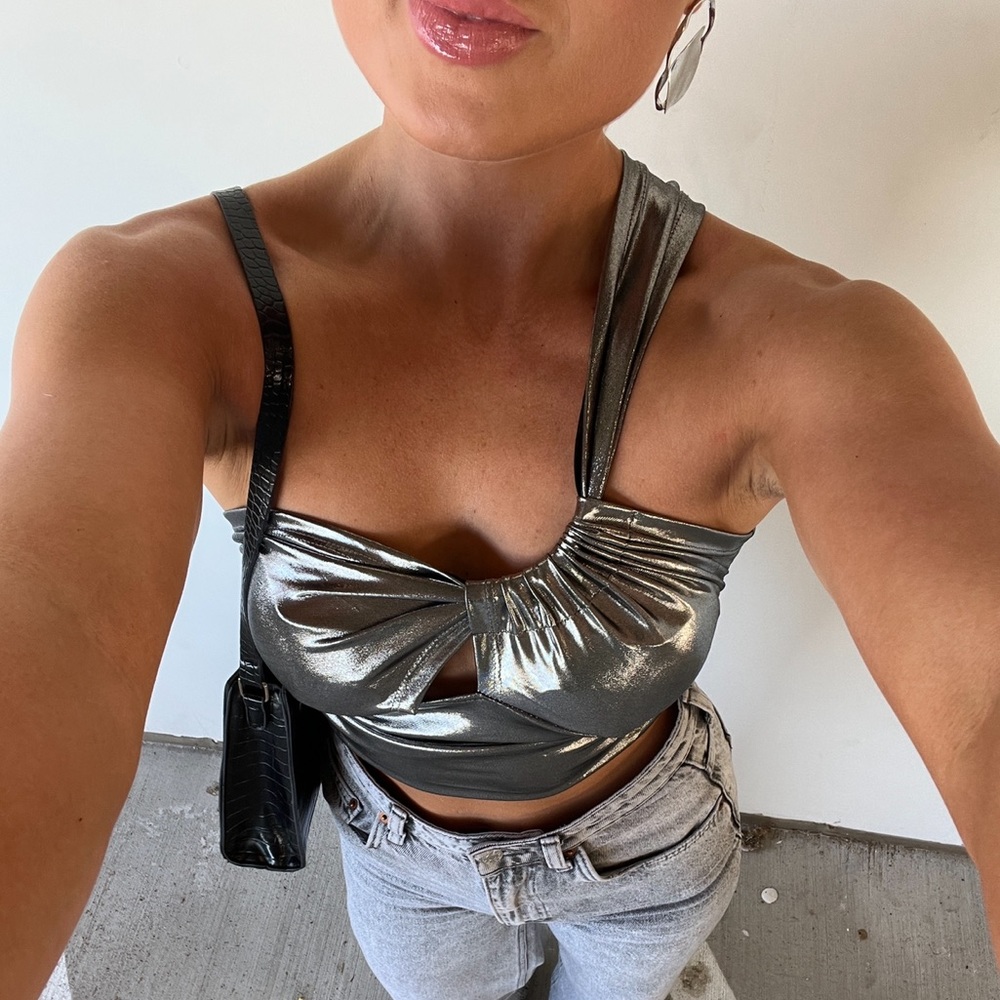 Metallic one shoulder crop top